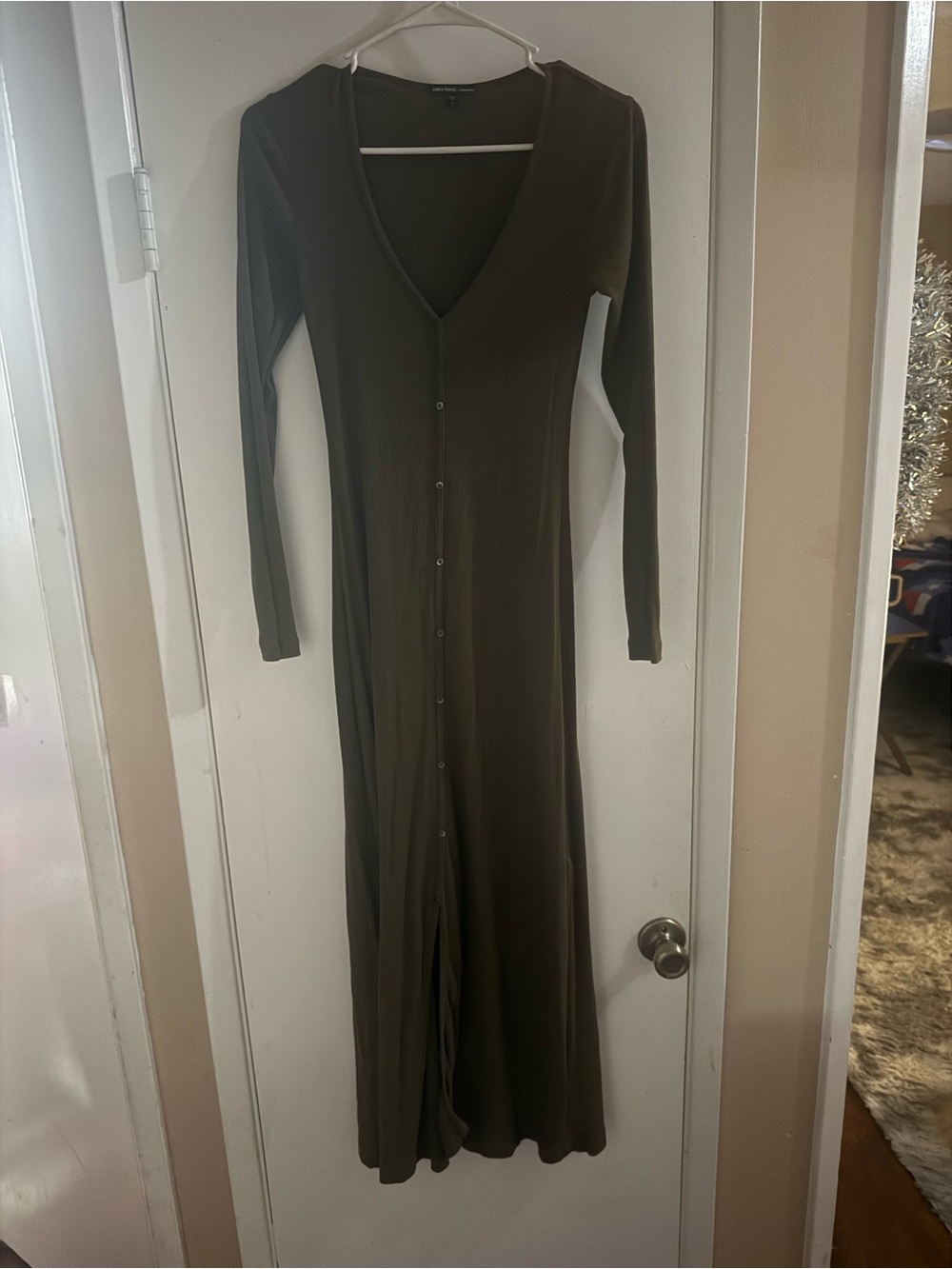James Perse Olive Long-Sleeve Button-Front Maxi Dress
